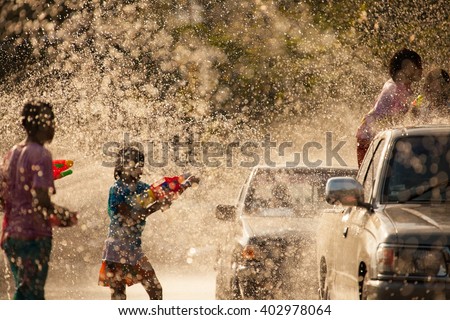 The Water Battle in Songkran Festival, celebration of Traditional Thailand New Year.