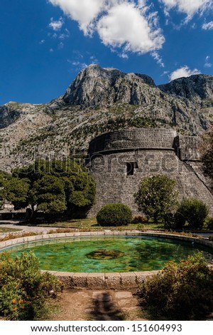 The tower and wall of ancient city of Kotor in Montenegro, with pool of freshwater.