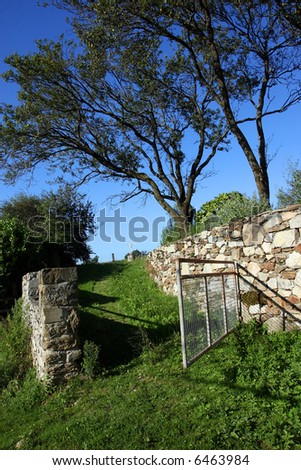 An open gate on a grassy path with a blue sky background