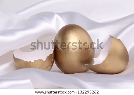 One whole golden egg and one eggshell also golden, on white tulle textile background/Eggshell