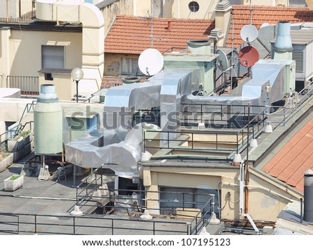 Heating ventilation and air conditioning device and satellite tv aerial antennas on a roof top