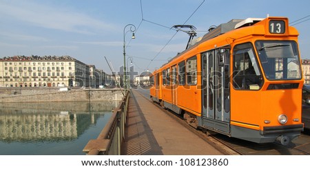 Public transport tramway on a bridge over River Po in Turin, Piedmont, Italy