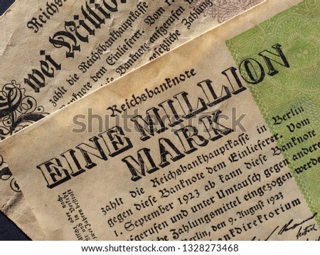Eine und Zwei Million Mark (meaning One and Two Million Mark) year 1923 banknotes inflation money from Weimar Republic