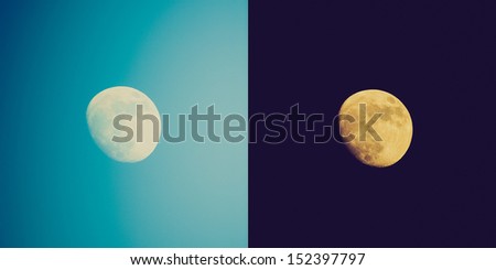 Vintage looking Full moon over the sky at day and night