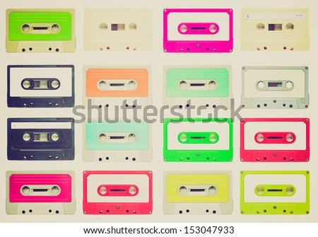 Vintage looking Set of magnetic tape cassette for audio music recording - isolated over white background
