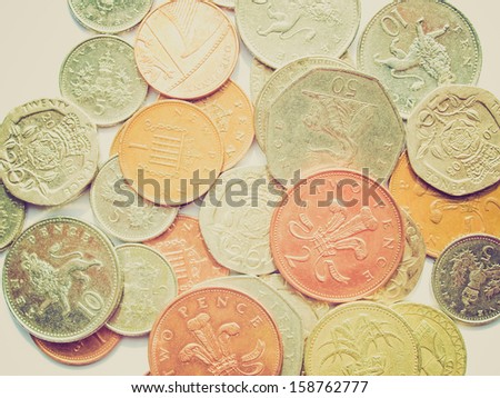 Vintage looking Range of British Pound coins (UK currency)