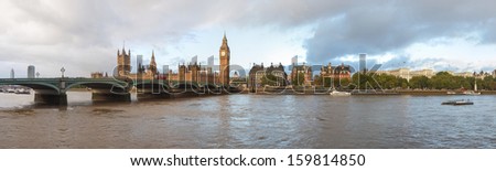 Panoramic View Of The River Thames, Houses Of Parliament And The Big Ben, Westminster Bridge In London