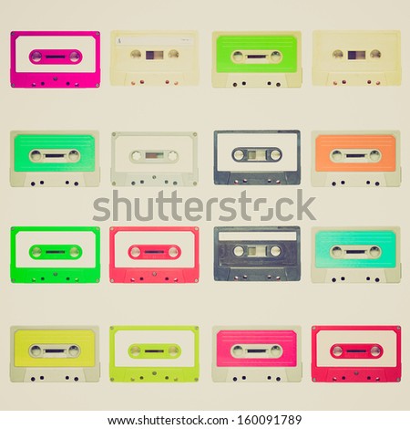 Vintage looking Set of magnetic tape cassette for audio music recording - isolated over white background