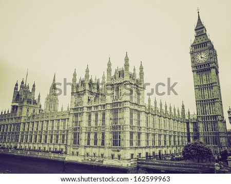 Retro sepia Houses of Parliament Westminster Palace London gothic architecture