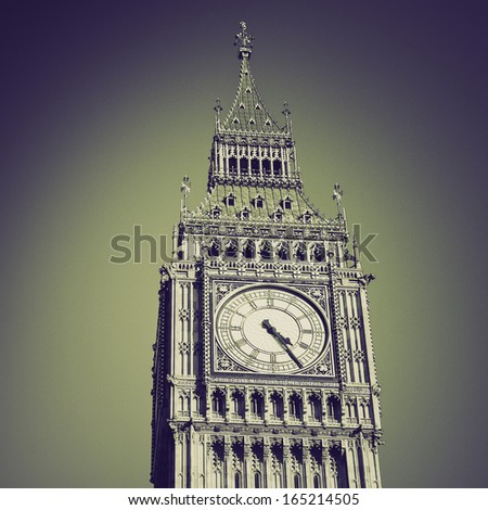 Retro sepia Big Ben Houses of Parliament Westminster Palace London gothic architecture - over blue sky background