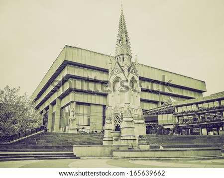 Retro sepia Birmingham Central Library, iconic brutalist concrete building, UK