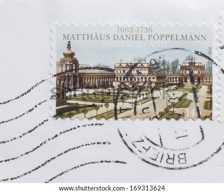 GERMANY - CIRCA 2012: Celebratory stamp for 350 years since birth of Dresden architect Matthaeus Daniel Poeppelmann