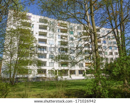 BERLIN, GERMANY - APRIL 25, 2010: The Hansaviertel Interbau is a housing estate designed by international master architects in 1957 following modern principles of rationalist architecture