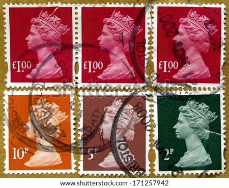 LONDON, UK - JANUARY 02, 2009: Range of British postage stamps with HM The Queen Elizabeth II