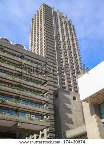 LONDON, ENGLAND, UK - MARCH 07, 2008: The Barbican Complex built in the sixties and seventies is a Grade II listed masterpiece of new brutalist architecture
