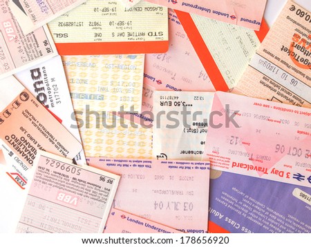 LONDON, UK - FEBRUARY 6, 2014: Set of tickets and travel cards for mass transit public transport in Europe