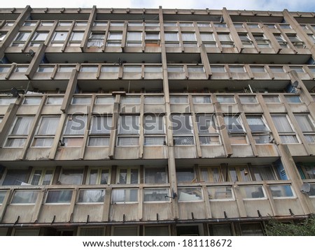 LONDON, UK - MARCH 05, 2009: The Robin Hood Gardens housing estate designed in late sixties by Alison and Peter Smithson is a masterpiece of new brutalist architecture