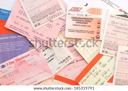 LONDON, UK - FEBRUARY 6, 2014: Set of tickets and travel cards for public transport in European cities including London Berlin Milan
