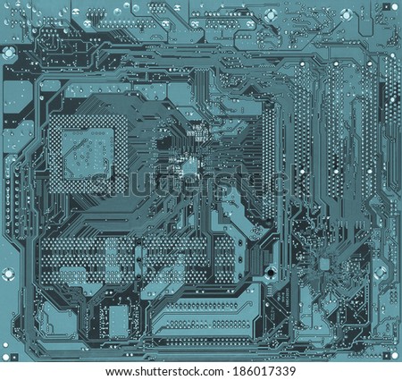 Detail of an electronic printed circuit board - cool cyanotype