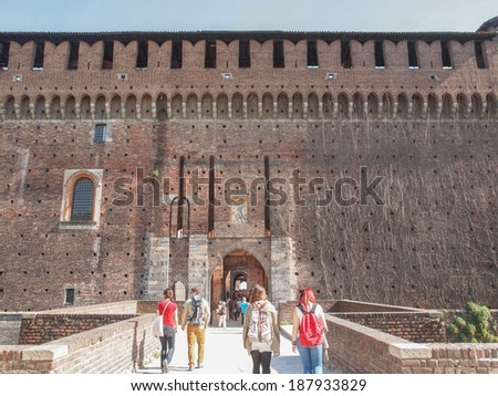 MILAN, ITALY - APRIL 10, 2014: People visiting the Sforza Castle aka Castello Sforzesco which is the oldest castle in town