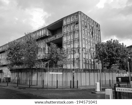 LONDON, ENGLAND, UK - MARCH 05, 2009: The Robin Hood Gardens housing estate designed in late sixties by Alison and Peter Smithson is a masterpiece of new brutalist architecture