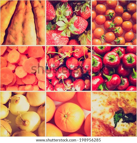 Vintage retro looking Food collage including 9 pictures of vegetables and fruit