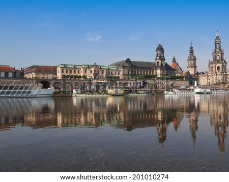 DRESDEN, GERMANY - JUNE 11, 2014: Dresden Cathedral of the Holy Trinity aka Hofkirche Kathedrale Sanctissimae Trinitatis seen from the Elbe river