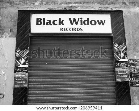GENOA, ITALY - MARCH 16, 2014: Black Widow Records in Via del Campo is a small Italian record label specialising in rare and obscure prog and goth acts