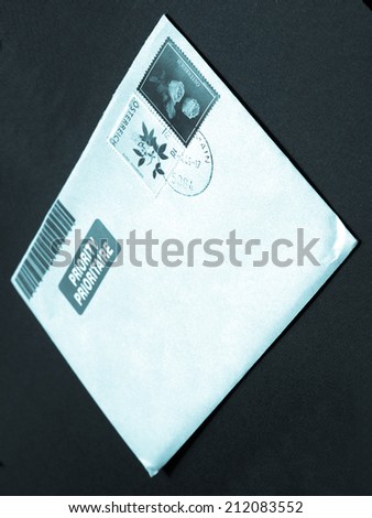 Letter envelope with postage meter and stamps - cool cyanotype