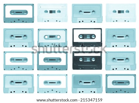 Set of magnetic tape cassette for audio music recording - isolated over white background - cool cyanotype