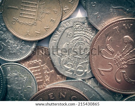 Vintage looking Range of British Pound coins UK currency