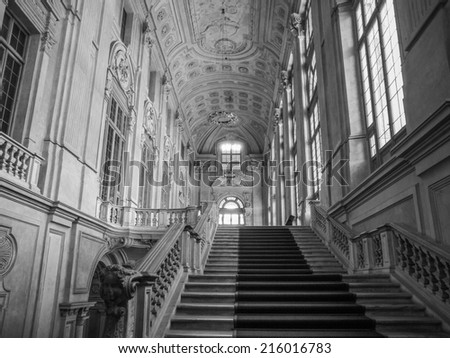 TURIN, ITALY - JANUARY 24, 2014: Monumental baroque stairway at Palazzo Madama (Royal palace) in Piazza Castello