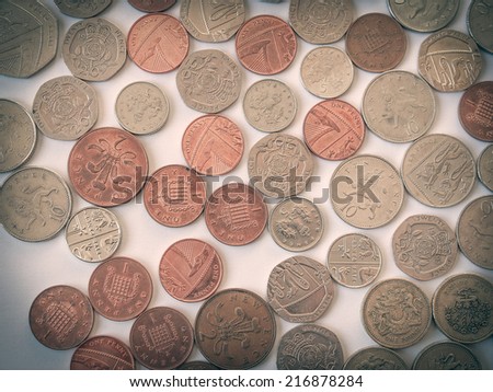 Vintage looking Macro image of British pound coins money