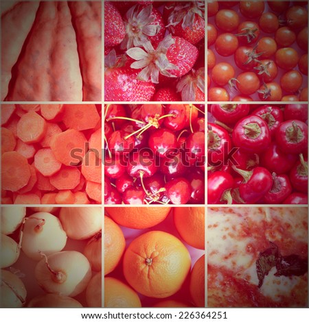 Vintage looking Food collage including 9 pictures of vegetables and fruit