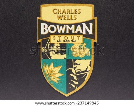 LONDON, UK - DECEMBER 11, 2014: Beermat of British beer Charles Wells Bowman Stout