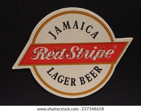 KINGSTON, JAMAICA - DECEMBER 11, 2014: Beermat of Jamaican beer Red Stripe lager beer