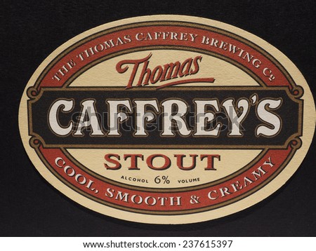 LONDON, UK - DECEMBER 11, 2014: Beermat of British beer Caffrey Stout