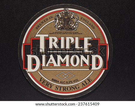 LONDON, UK - DECEMBER 11, 2014: Beermat of British beer Triple Diamond