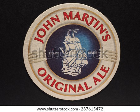 LONDON, UK - DECEMBER 11, 2014: Beermat of British beer John Martin