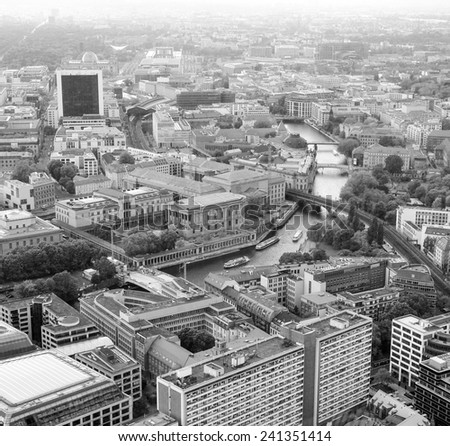 Aerial bird eye view of the city of Berlin Germany in black and white