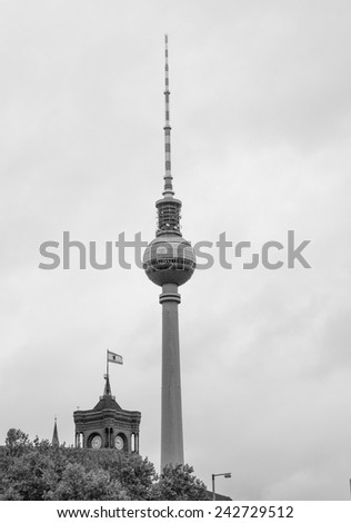 TV Fernsehturm Television tower in Berlin Germany in black and white