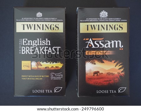 LONDON, UK - JANUARY 6, 2015: Twinings English breakfast and Assam loose tea