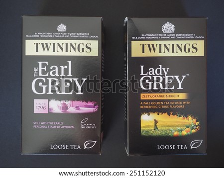 LONDON, UK - JANUARY 6, 2015: Twinings Lady Grey and Earl Grey loose tea