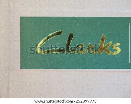 LONDON, UK - JANUARY 6, 2015: Logo of Clarks on a shoe box