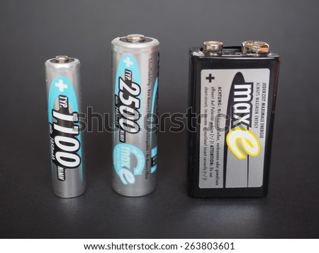 BERLIN, GERMANY - JANUARY 10, 2015: Ansmann AAA, AA and 9V rechargeable batteries