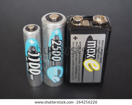 BERLIN, GERMANY - JANUARY 10, 2015: Ansmann AAA, AA and 9V rechargeable batteries