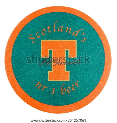 LONDON, UK - MARCH 15, 2015: Beermat of British beer Tennents Super isolated over white background