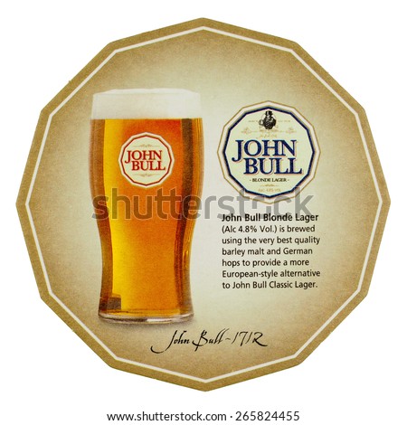 LONDON, UK - MARCH 15, 2015: Beermat of British beer Eagle BitterJohn Bull isolated over white background