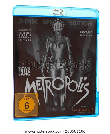 BERLIN, GERMANY - APRIL 2, 2015: The 1927 German expressionist movie Metropolis by Fritz Lang has been recently restored to its full original version with newly found footage and original music score
