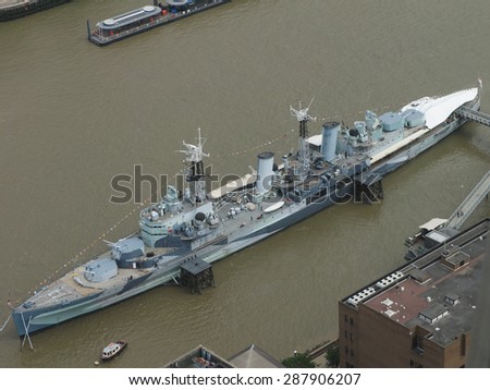 LONDON, UK - JUNE 10, 2015: HMS Belfast ship originally a Royal Navy light cruiser is now permanently moored on the River Thames as a museum ship
